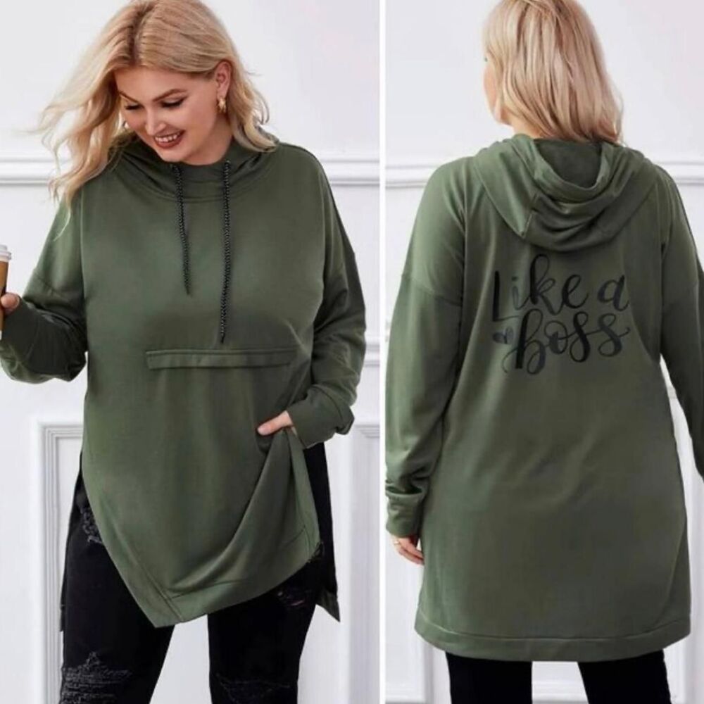 Shein-curve-plus Women's Green and Khaki Hoodie